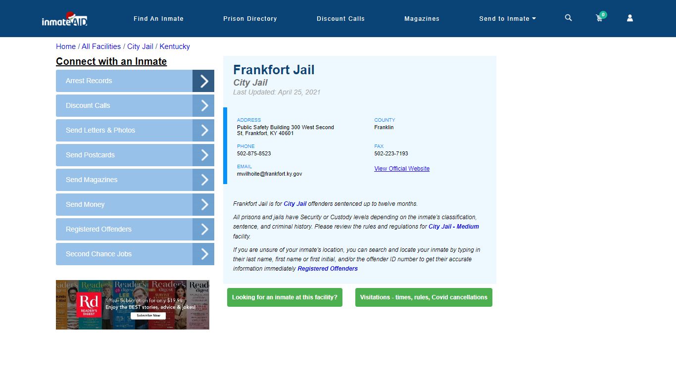 Frankfort Jail | Inmate Locator